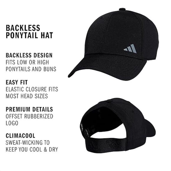 Womens Black Backless Ponytail Grey Logo Adjustable Elastic Classic Baseball Cap